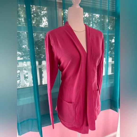 Isaac Mizrahi Size L Pink Women's Open Front Drape Long Sleeve Cardigan Sweater - Picture 2 of 5
